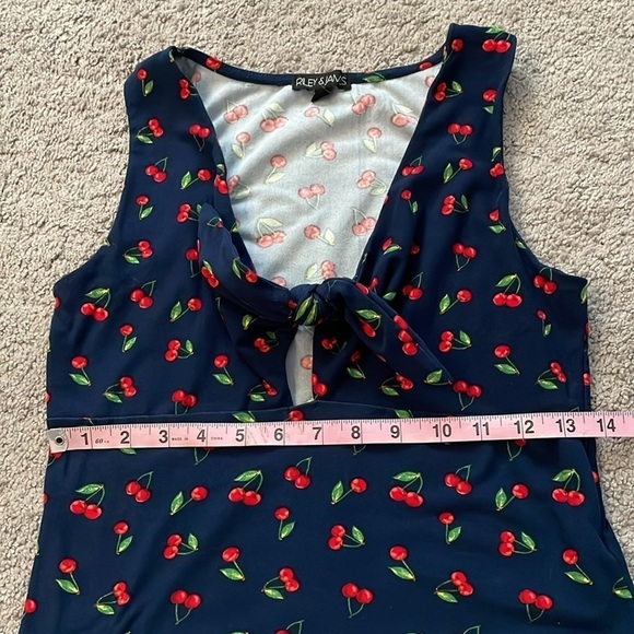 Riley & James | Navy Blue & Red Cherry Print Crop Top | Size Medium - Picture 7 of 9